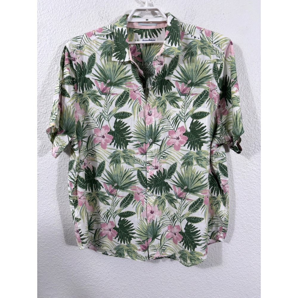 Tommy Bahama Button Up Shirt Mens XXL White Floral Hibiscus Palm Leaf Cotton